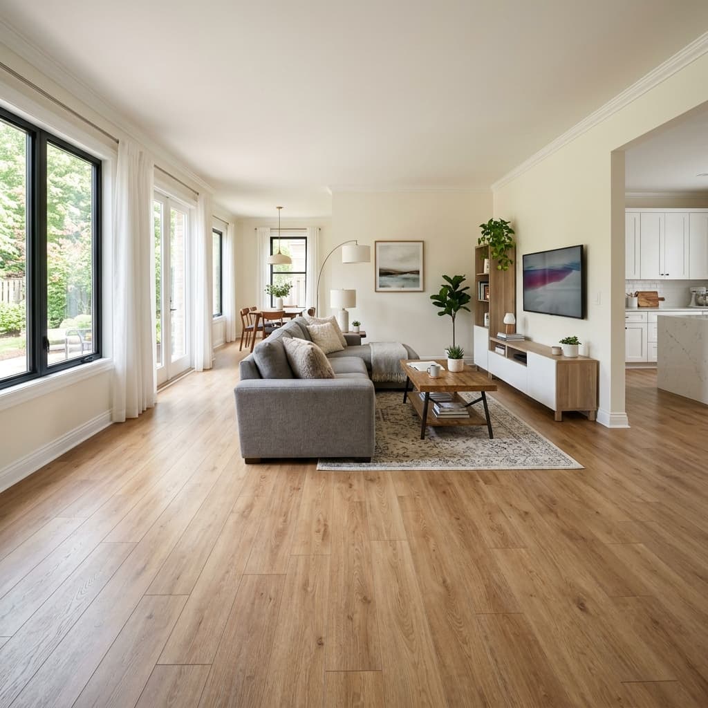 Newly installed oak laminate flooring in Sheffield living area