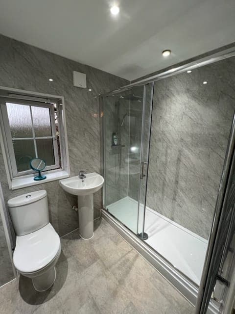 Shower room with grey stone-effect wall panels, a glass shower enclosure, pedestal basin and toilet