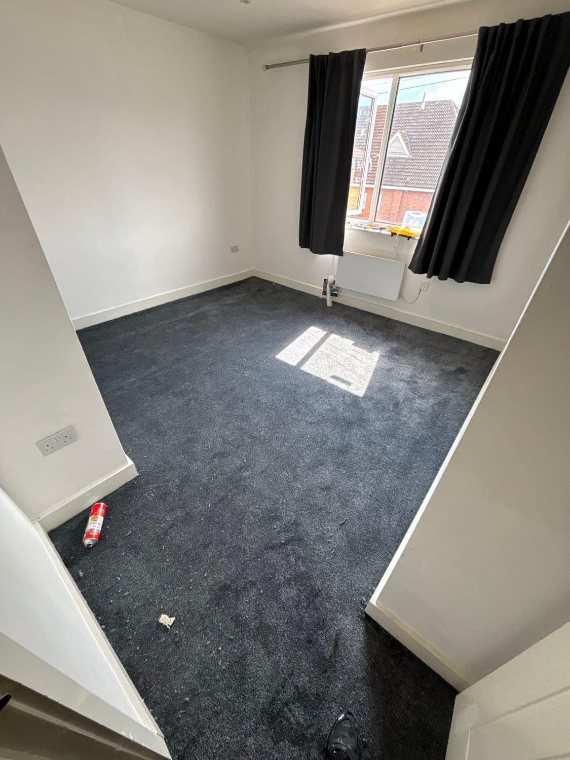 Bedroom with new grey carpet fitted and freshly painted white walls